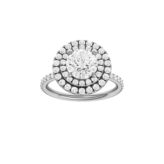 A front view of the Round cut diamond engagement ring in platinum with a prong diamond band and cathedral setting