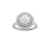 A front view of the Round cut diamond engagement ring in platinum with a prong diamond band and cathedral setting