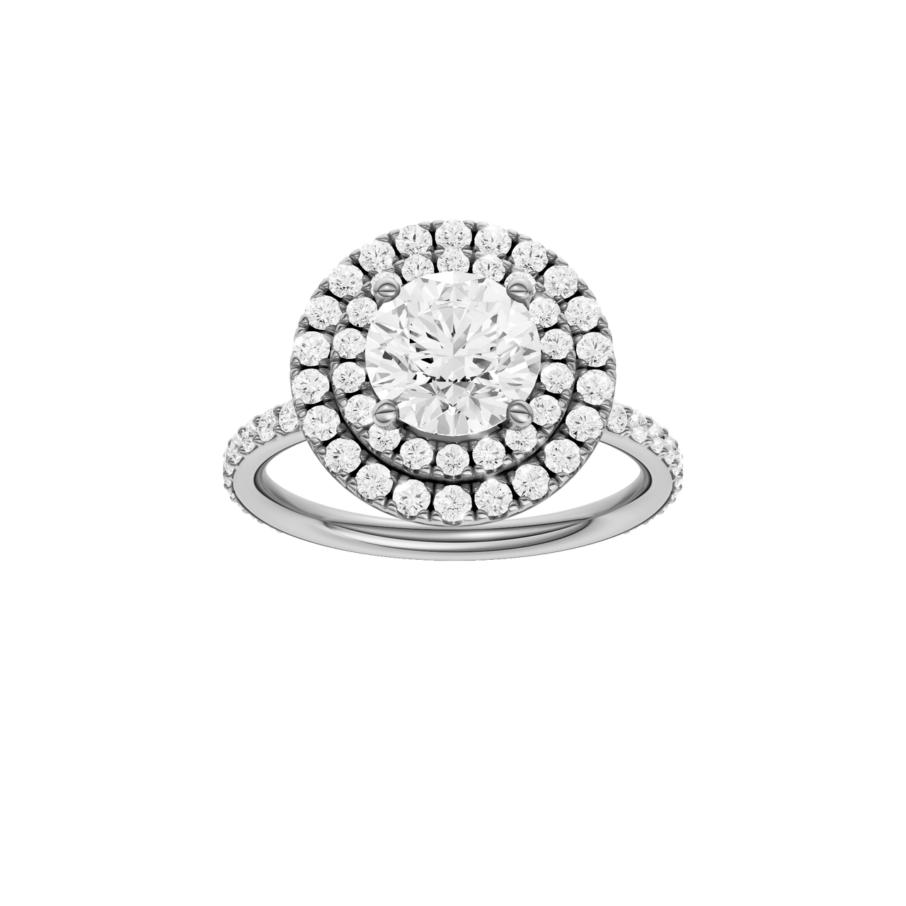 A front view of the Round cut diamond engagement ring in 14k white gold with a prong diamond band and cathedral setting