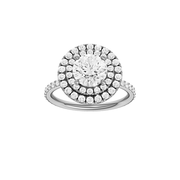 A front view of the Round cut diamond engagement ring in 14k white gold with a prong diamond band and cathedral setting
