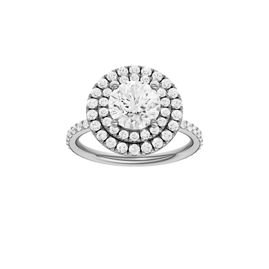 A front view of the Round cut diamond engagement ring in 14k white gold with a prong diamond band and cathedral setting