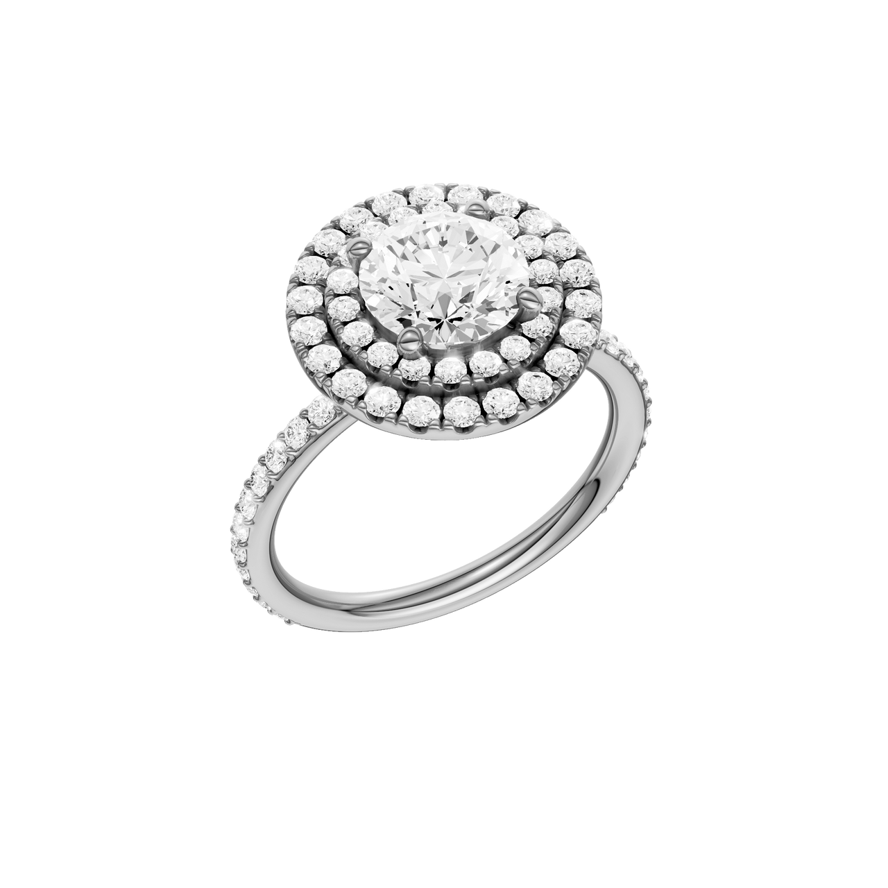 A three-quarter view of the Round cut diamond engagement ring in platinum with a prong diamond band and cathedral setting