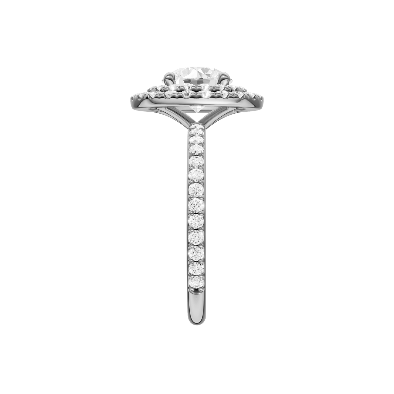 A side view of the Round cut diamond engagement ring in 14k white gold with a prong diamond band and cathedral setting