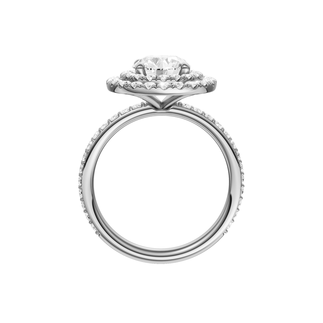A profile view of the Round cut diamond engagement ring in 14k white gold with a prong diamond band and cathedral setting