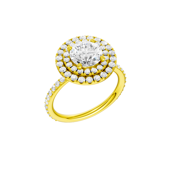 A three-quarter view of the Round cut diamond engagement ring in 14k yellow gold with a prong diamond band and cathedral setting