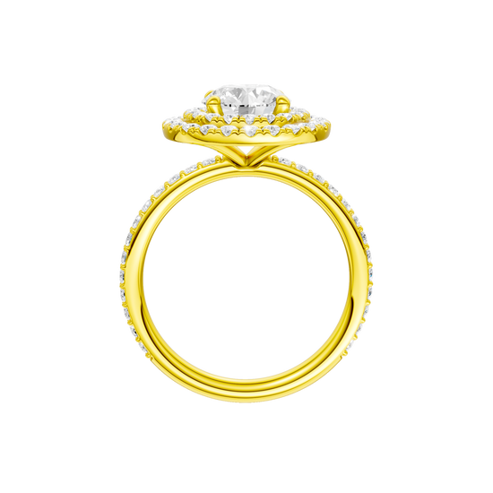A profile view of the Round cut diamond engagement ring in 14k yellow gold with a prong diamond band and cathedral setting