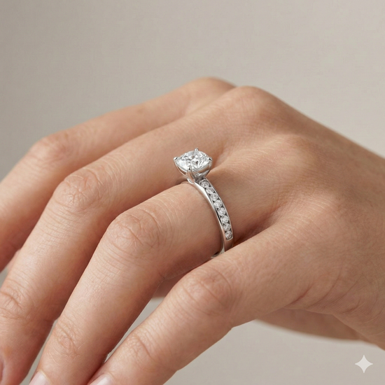Elongated cushion cut diamond engagement ring in 14k white gold with a diamond channel band and cathedral setting on a hand