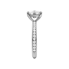 A side view of the Elongated cushion cut diamond engagement ring in 14k white gold with a diamond channel band and cathedral setting