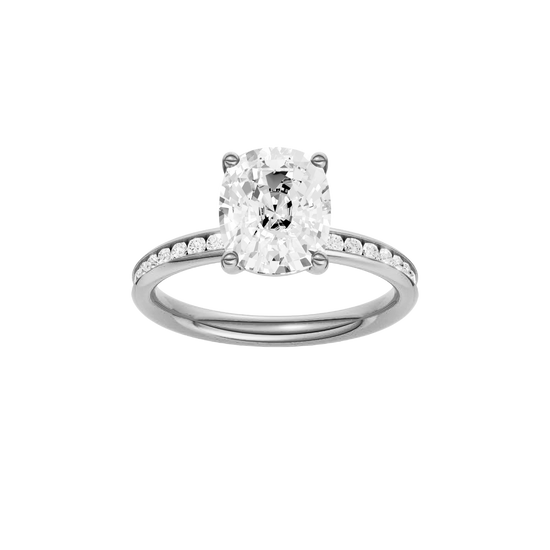 A front view of the Elongated cushion cut diamond engagement ring in 14k white gold with a diamond channel band and cathedral setting