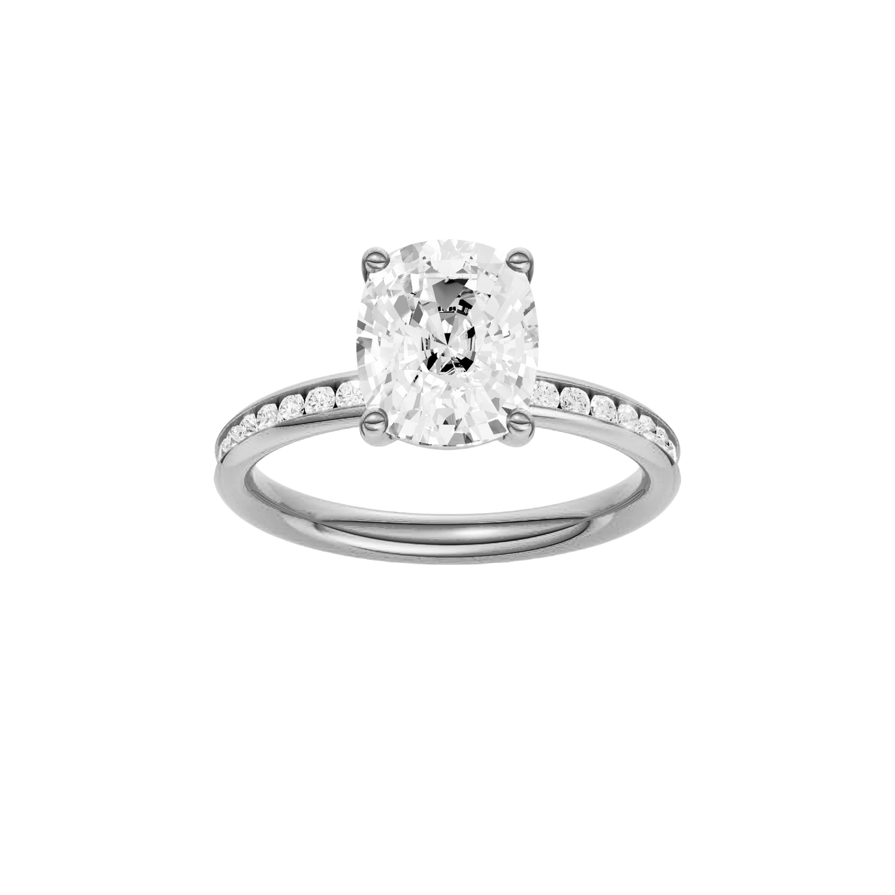 A front view of the Elongated cushion cut diamond engagement ring in 14k white gold with a diamond channel band and cathedral setting