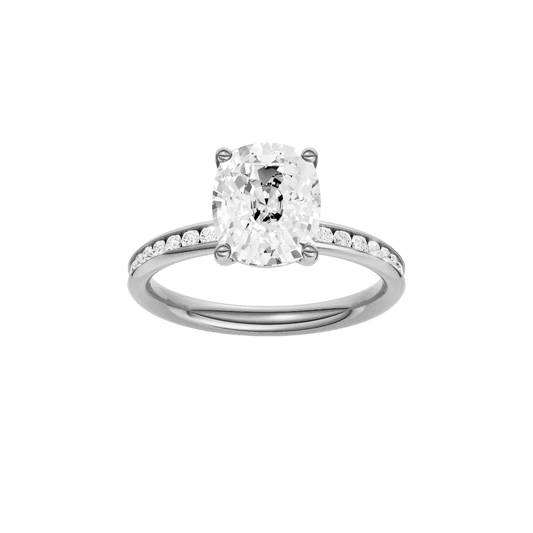 A front view of the Elongated cushion cut diamond engagement ring in 14k white gold with a diamond channel band and cathedral setting