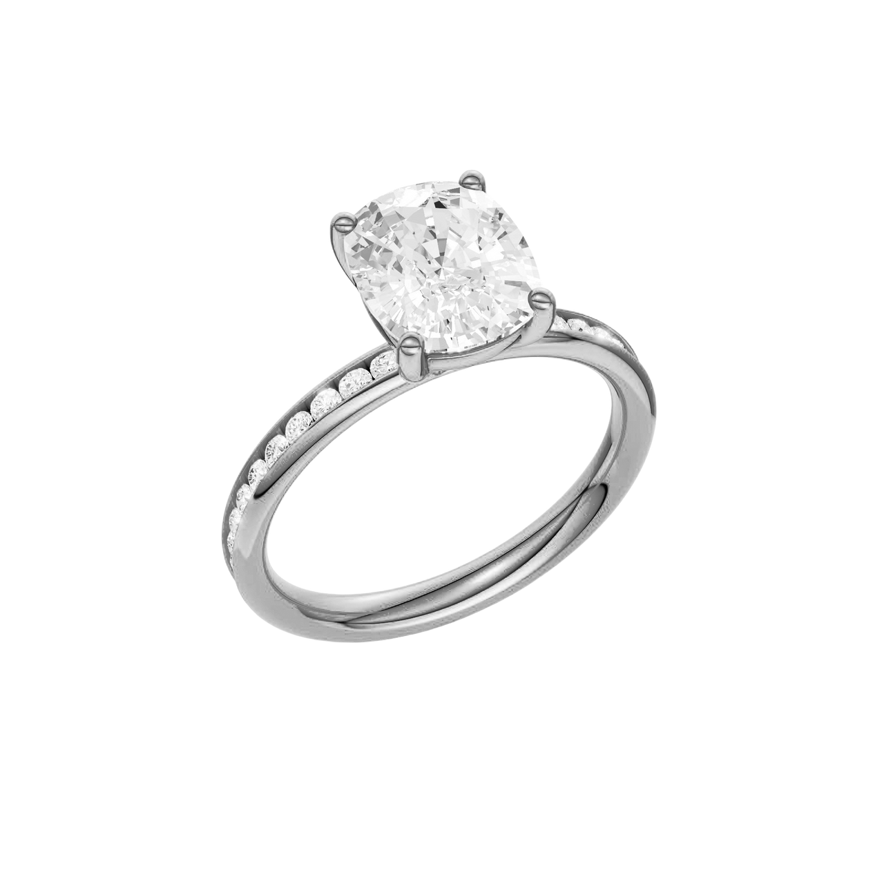 A three-quarter view of the Elongated cushion cut diamond engagement ring in 14k white gold with a diamond channel band and cathedral setting