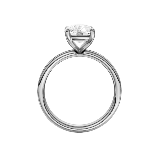 A profile view of the Elongated cushion cut diamond engagement ring in 14k white gold with a diamond channel band and cathedral setting