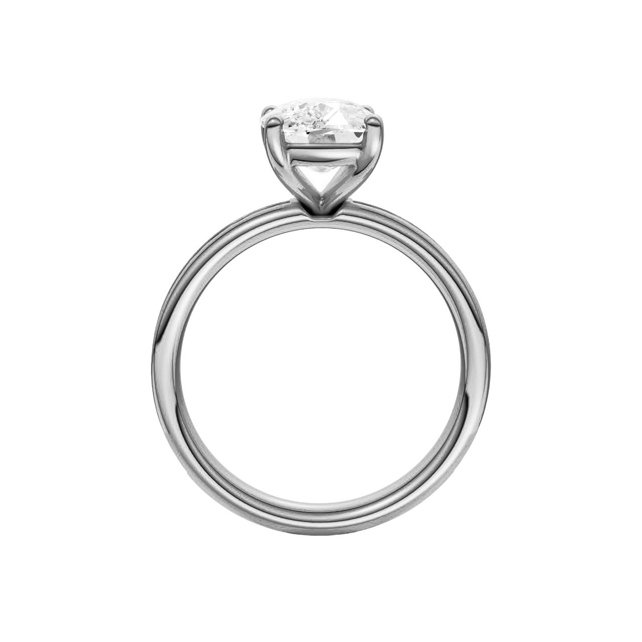 A profile view of the Elongated cushion cut diamond engagement ring in 14k white gold with a diamond channel band and cathedral setting