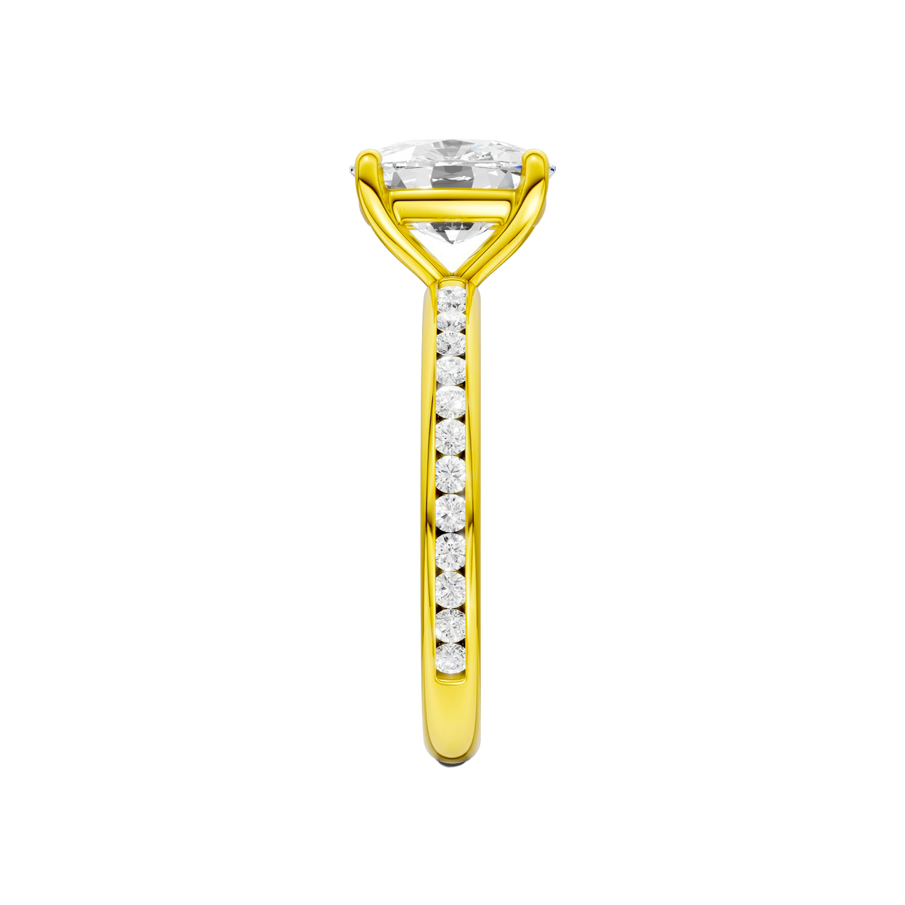 A side view of the Elongated cushion cut diamond engagement ring in 14k yellow gold with a diamond channel band and cathedral setting
