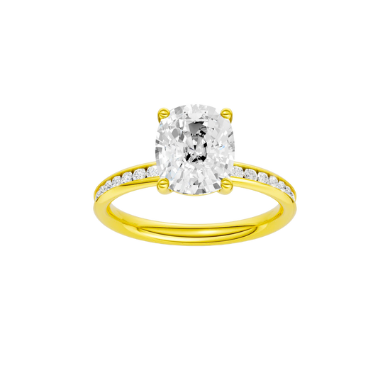 A front view of the Elongated cushion cut diamond engagement ring in 14k yellow gold with a diamond channel band and cathedral setting