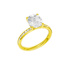 A three-quarter view of the Elongated cushion cut diamond engagement ring in 14k yellow gold with a diamond channel band and cathedral setting