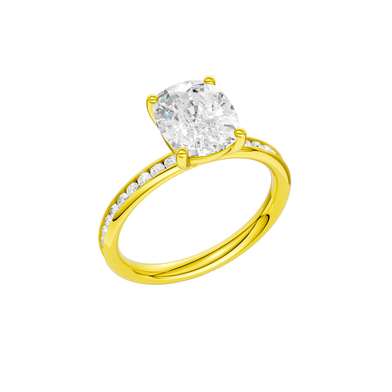 A three-quarter view of the Elongated cushion cut diamond engagement ring in 14k yellow gold with a diamond channel band and cathedral setting
