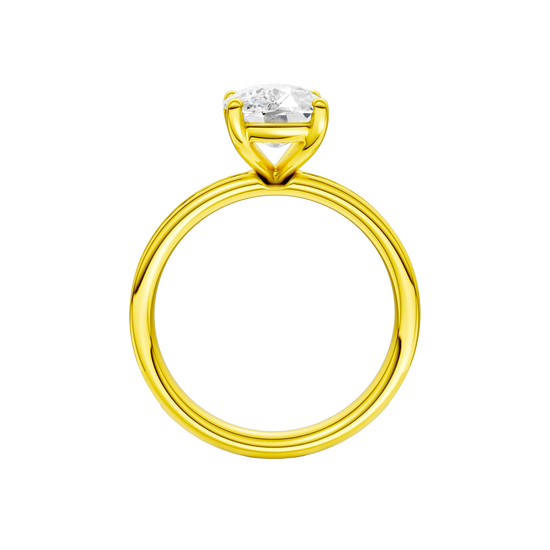 A profile view of the Elongated cushion cut diamond engagement ring in 14k yellow gold with a diamond channel band and cathedral setting