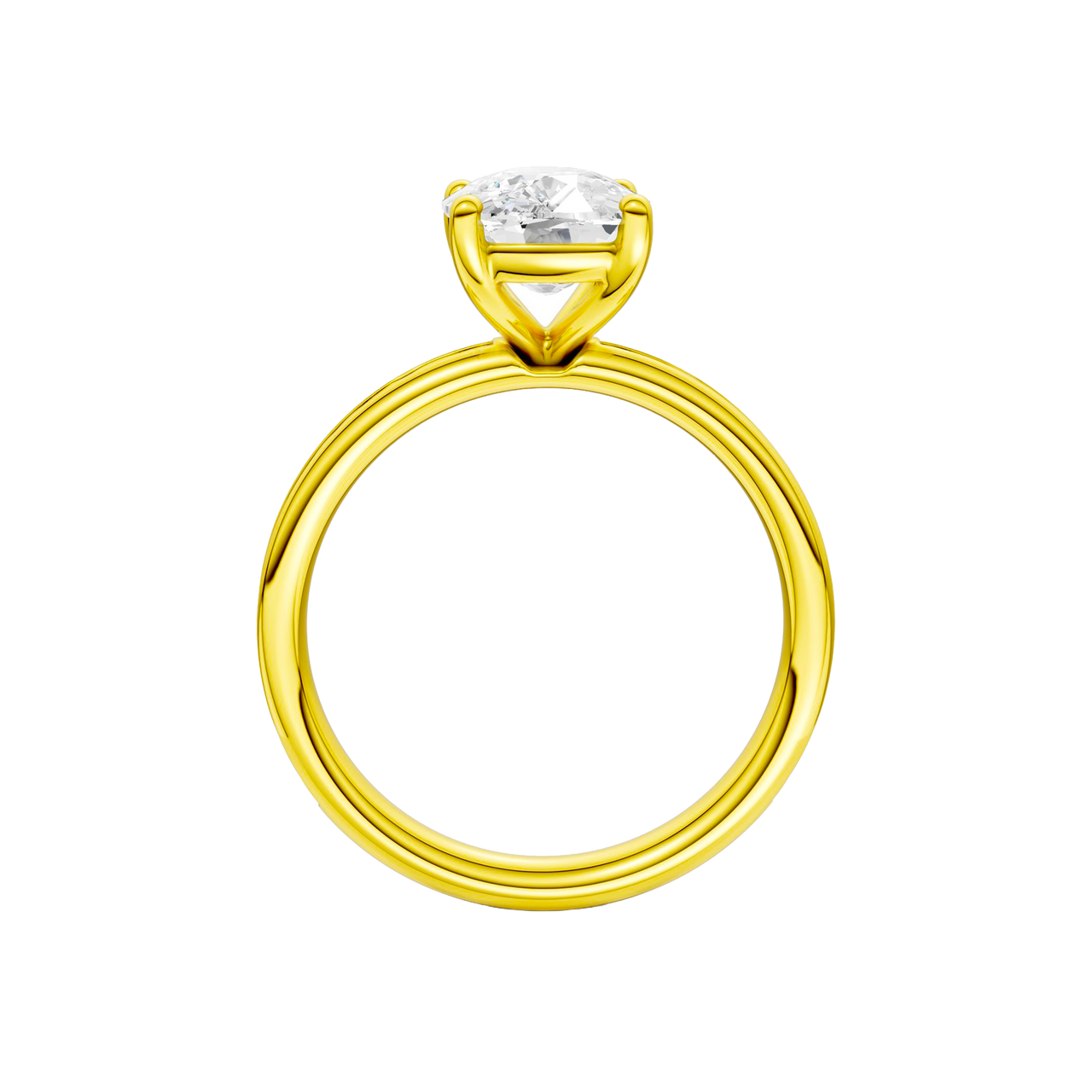 A profile view of the Elongated cushion cut diamond engagement ring in 14k yellow gold with a diamond channel band and cathedral setting