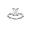 A front view of the Emerald cut diamond engagement ring in platinum with a diamond channel band and cathedral setting
