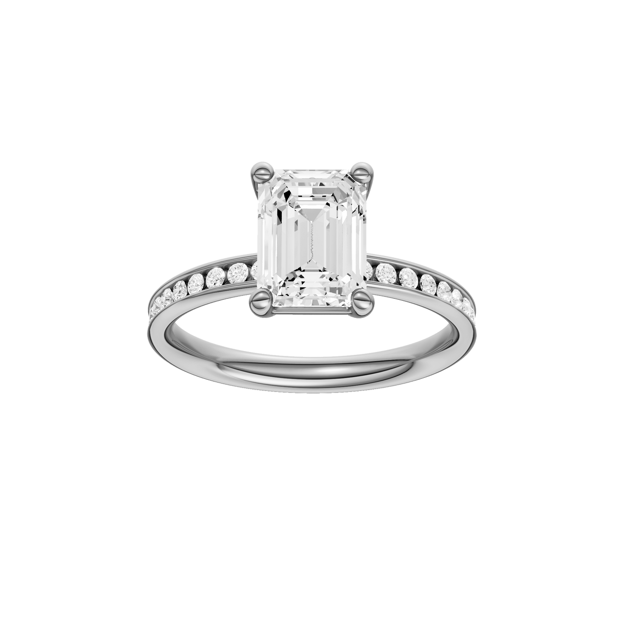 A front view of the Emerald cut diamond engagement ring in 14k white gold with a diamond channel band and cathedral setting