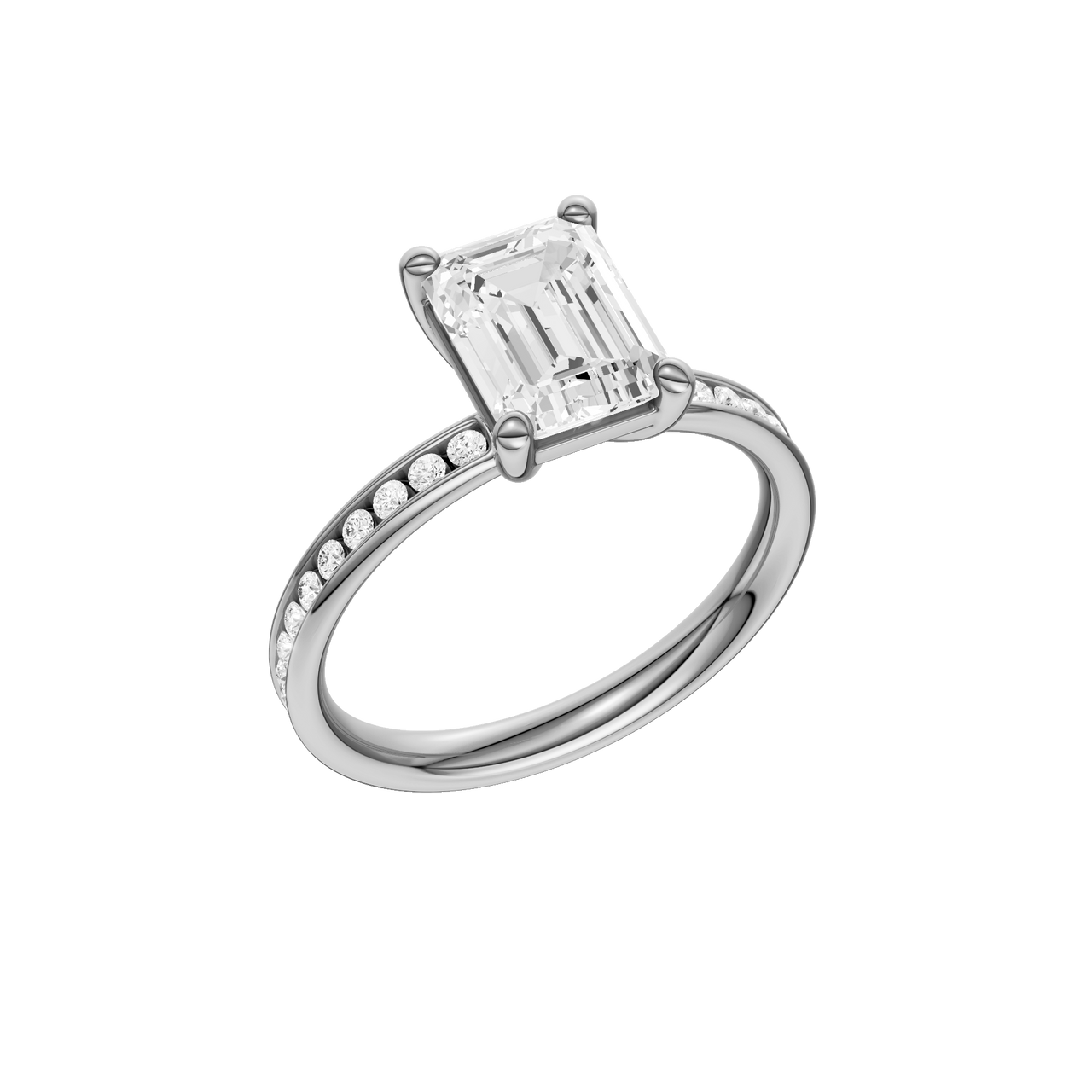 A three-quarter view of the Emerald cut diamond engagement ring in 14k white gold with a diamond channel band and cathedral setting