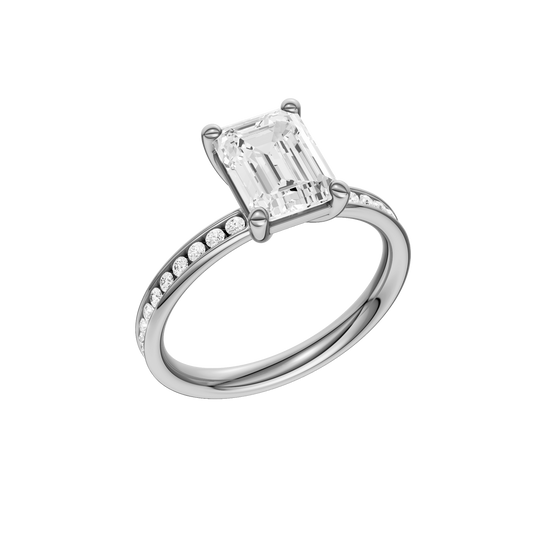 A three-quarter view of the Emerald cut diamond engagement ring in platinum with a diamond channel band and cathedral setting