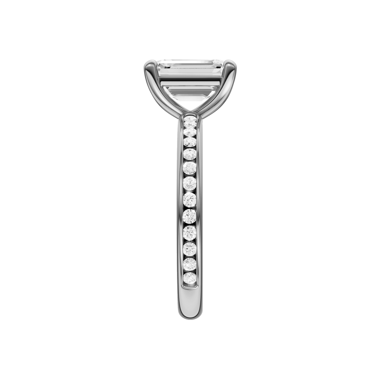 A side view of the Emerald cut diamond engagement ring in platinum with a diamond channel band and cathedral setting