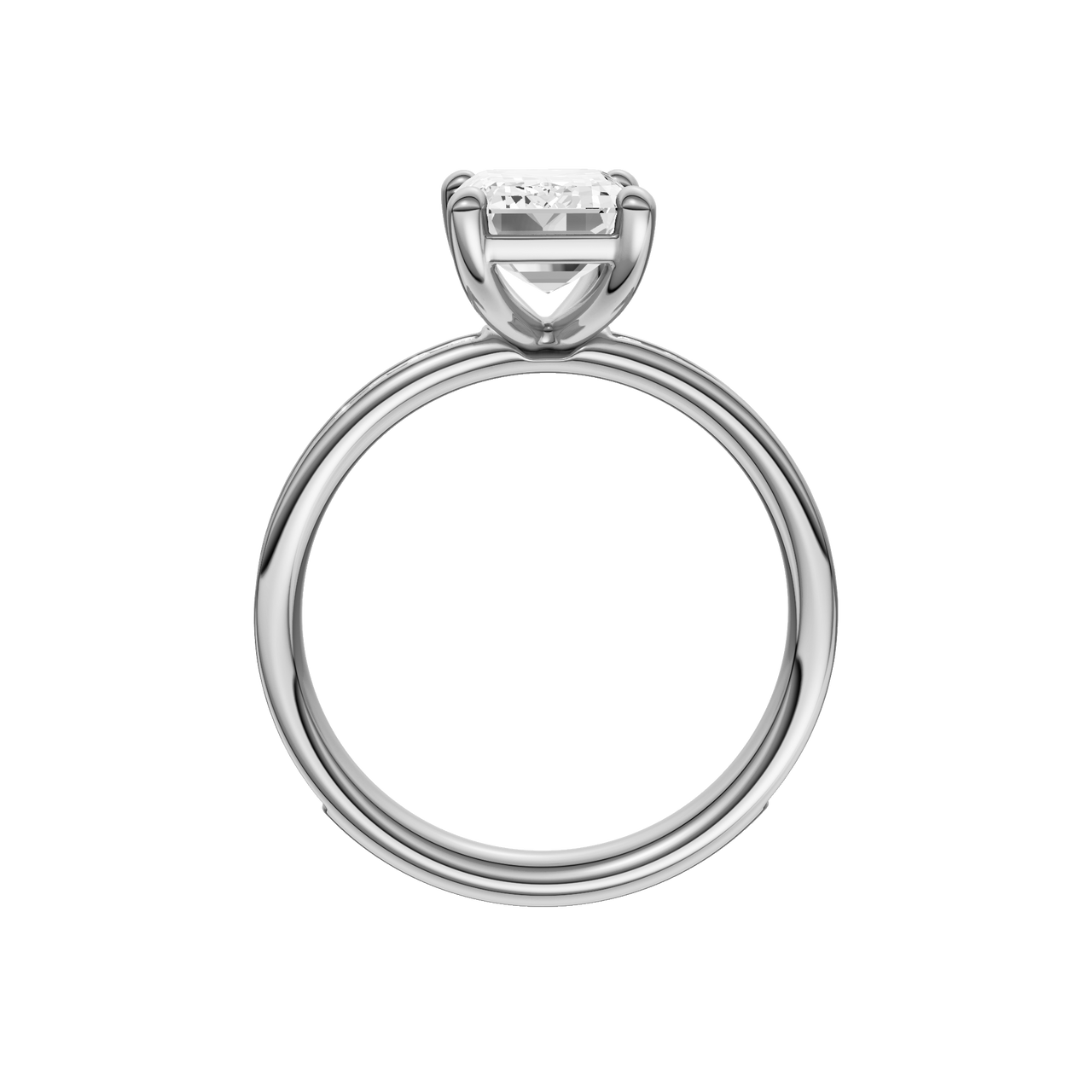 A profile view of the Emerald cut diamond engagement ring in 14k white gold with a diamond channel band and cathedral setting