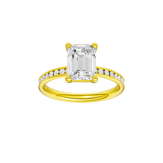 A front view of the Emerald cut diamond engagement ring in 14k yellow gold with a diamond channel band and cathedral setting