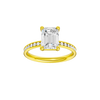 A front view of the Emerald cut diamond engagement ring in 14k yellow gold with a diamond channel band and cathedral setting
