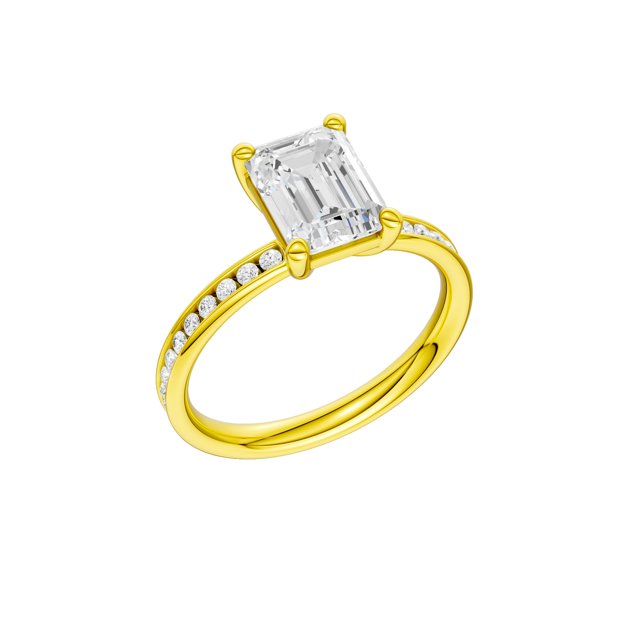 A three-quarter view of the Emerald cut diamond engagement ring in 14k yellow gold with a diamond channel band and cathedral setting