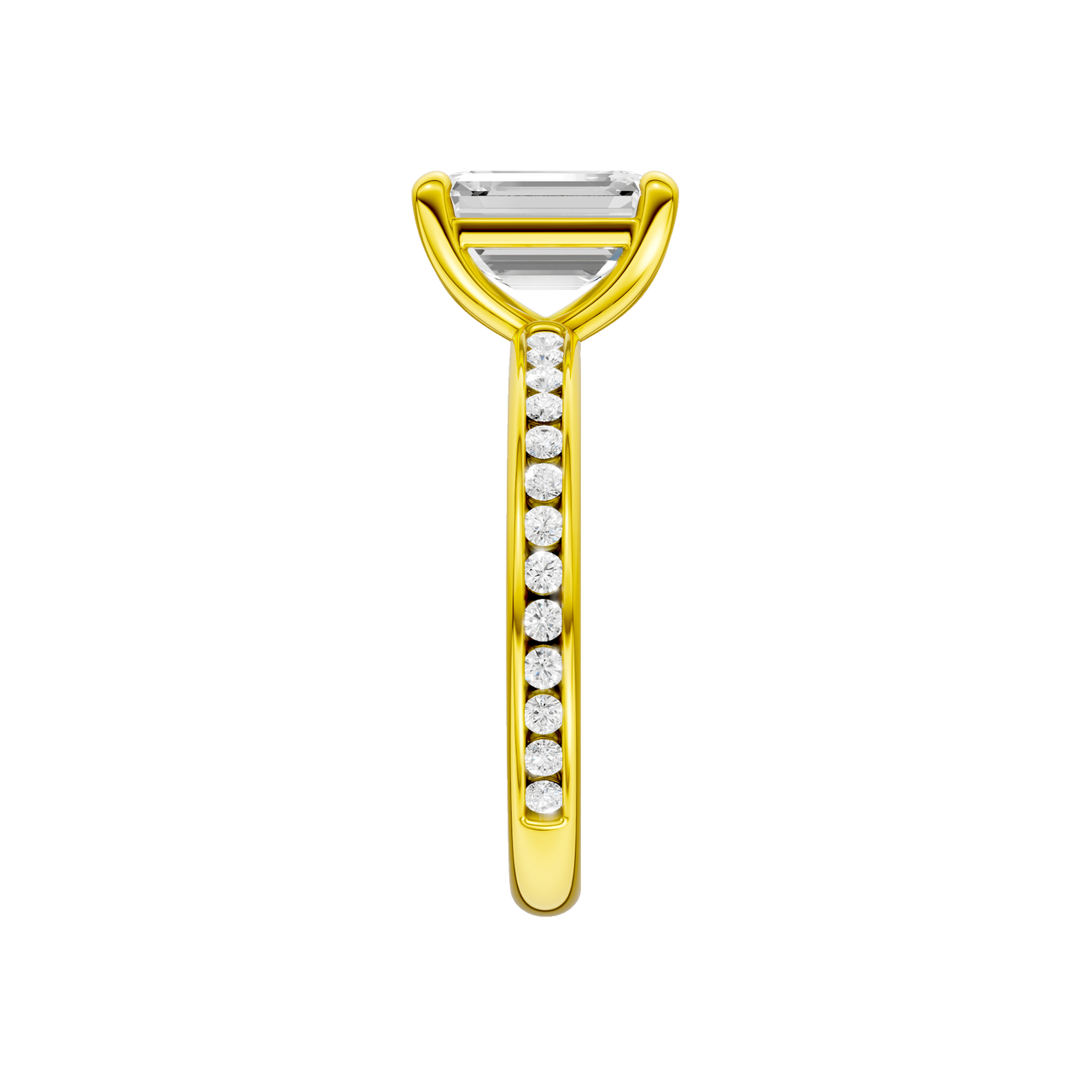 A side view of the Emerald cut diamond engagement ring in 14k yellow gold with a diamond channel band and cathedral setting