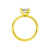 A profile view of the Emerald cut diamond engagement ring in 14k yellow gold with a diamond channel band and cathedral setting
