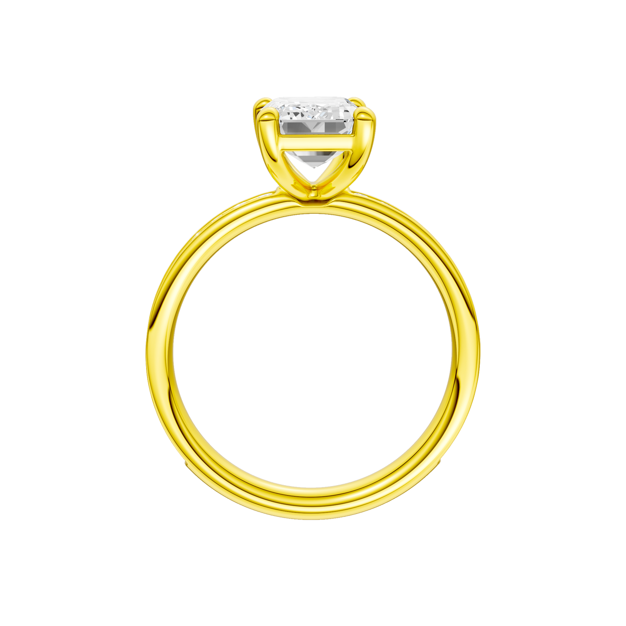 A profile view of the Emerald cut diamond engagement ring in 14k yellow gold with a diamond channel band and cathedral setting