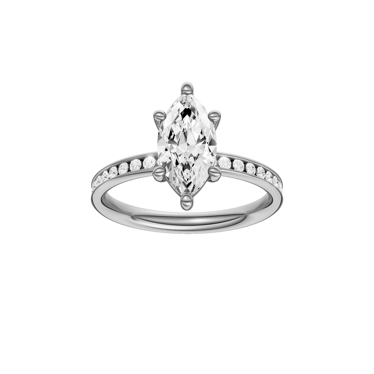 A front view of the Marquise cut diamond engagement ring in platinum with a diamond channel band and cathedral setting
