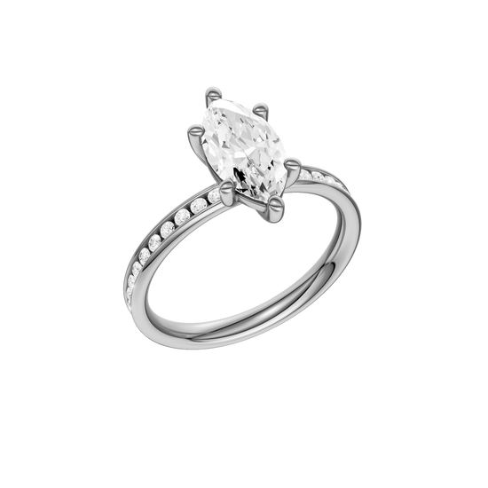 A three-quarter  view of the Marquise cut diamond engagement ring in 14k white gold with a diamond channel band and cathedral setting