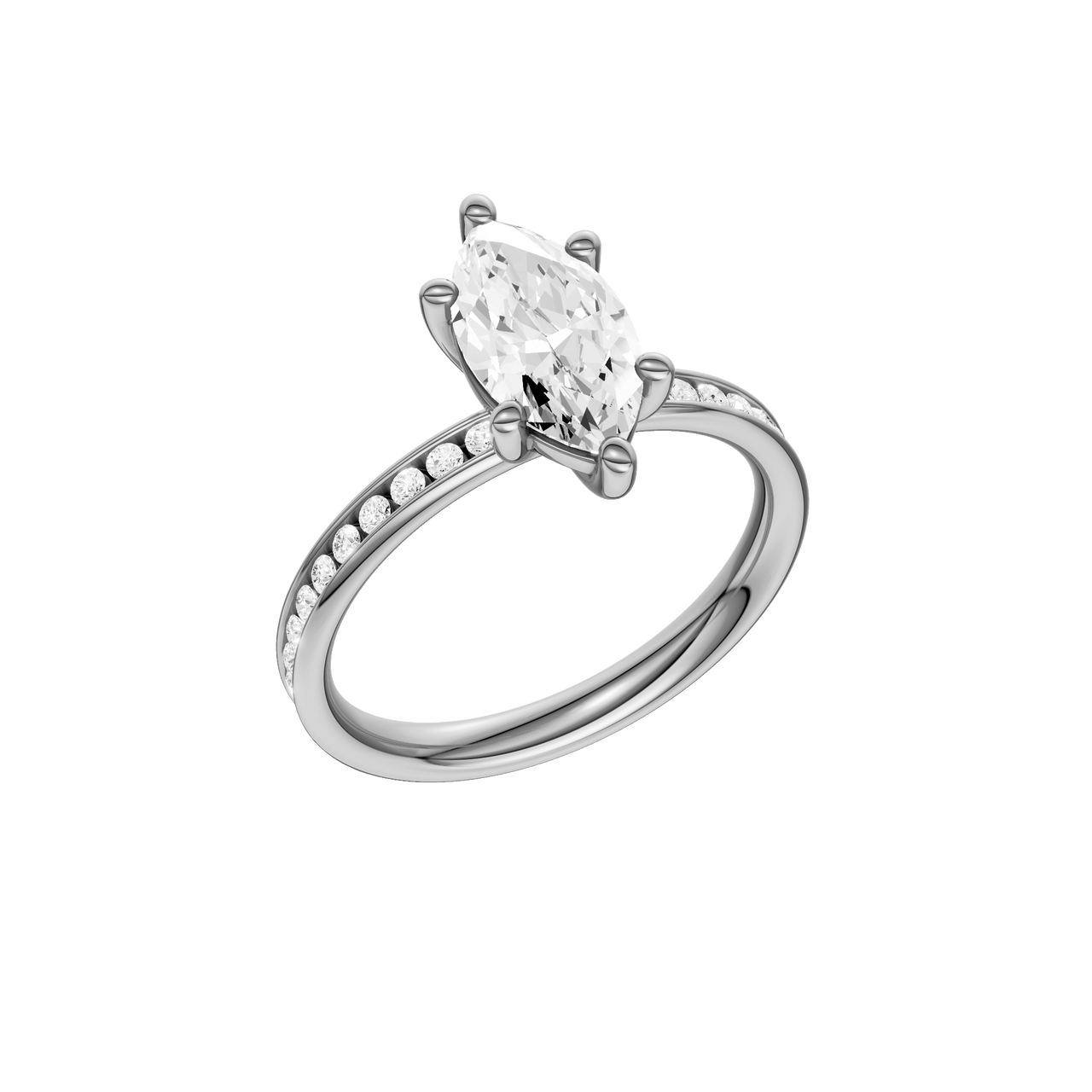 A three-quarter  view of the Marquise cut diamond engagement ring in 14k white gold with a diamond channel band and cathedral setting