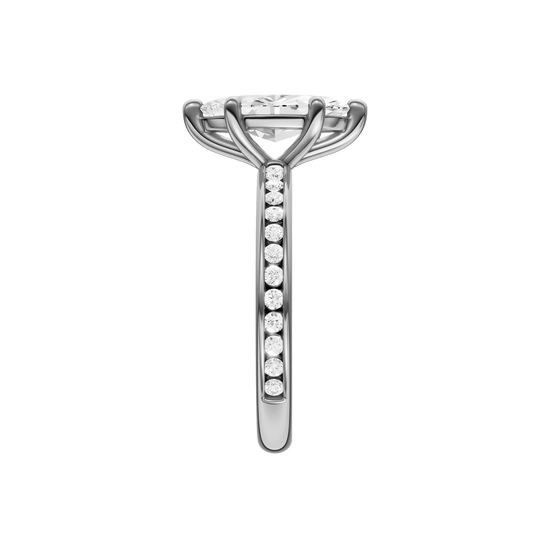 A side view of the Marquise cut diamond engagement ring in 14k white gold with a diamond channel band and cathedral setting