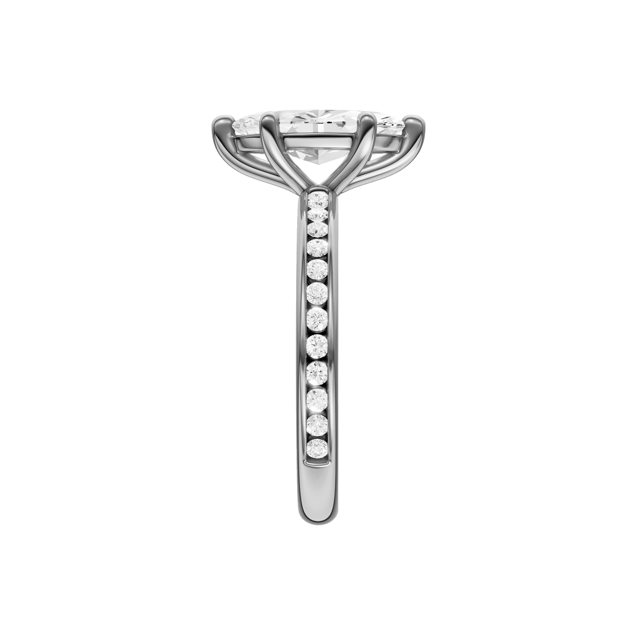 A side view of the Marquise cut diamond engagement ring in 14k white gold with a diamond channel band and cathedral setting