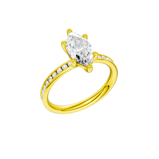 A three-quarter  view of the Marquise cut diamond engagement ring in 14k yellow gold with a diamond channel band and cathedral setting
