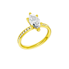 A three-quarter  view of the Marquise cut diamond engagement ring in 14k yellow gold with a diamond channel band and cathedral setting