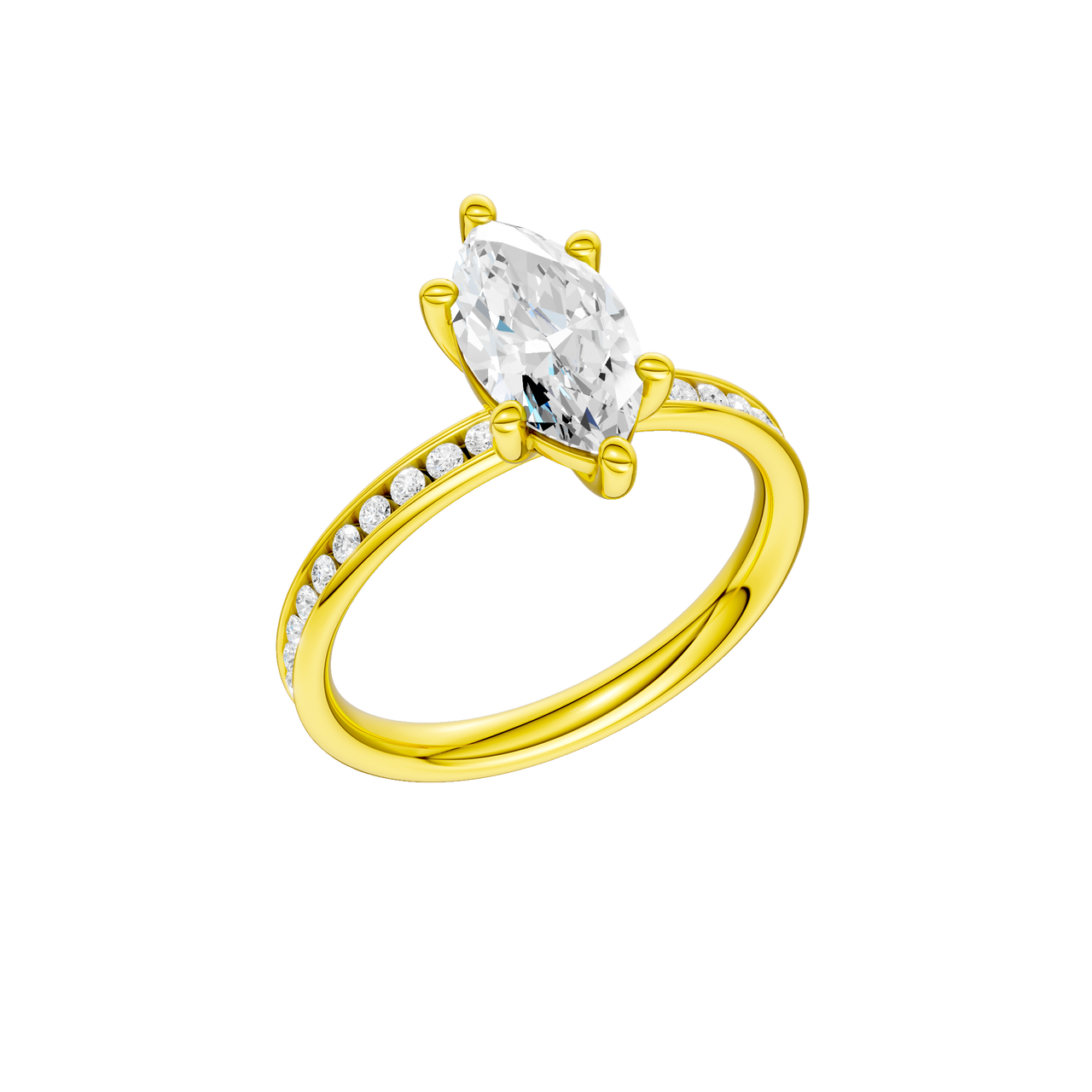 A three-quarter  view of the Marquise cut diamond engagement ring in 14k yellow gold with a diamond channel band and cathedral setting