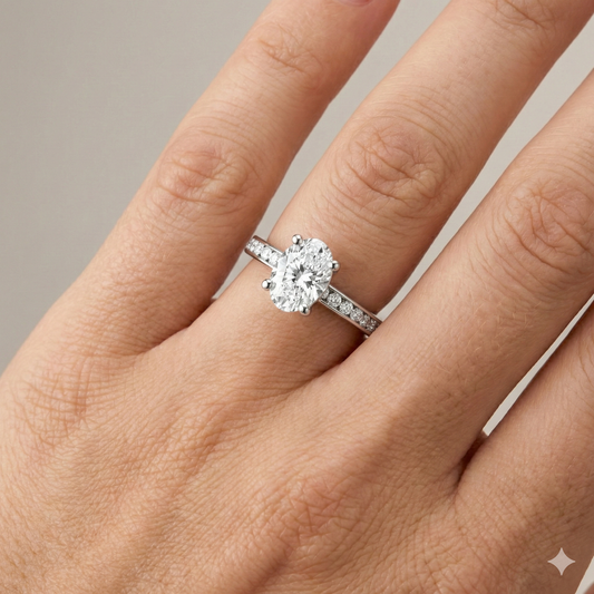 Oval cut diamond engagement ring in 14k white gold with a diamond channel band and cathedral setting on a hand