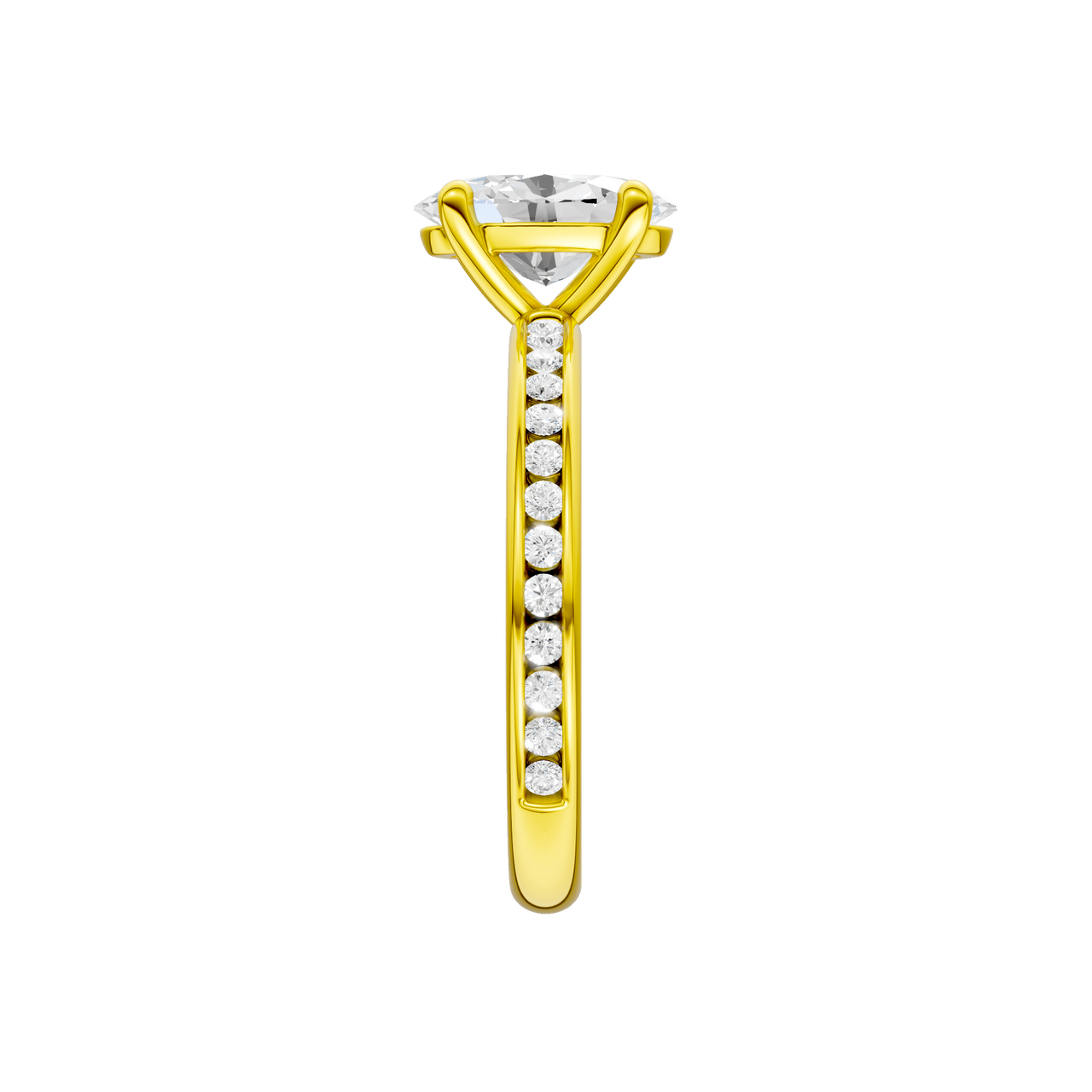 The side view of the Oval cut diamond engagement ring in 14k yellow gold with a diamond channel band and cathedral setting