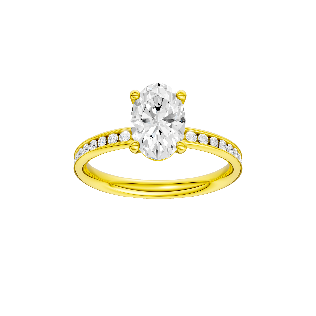 The front view of the Oval cut diamond engagement ring in 14k yellow gold with a diamond channel band and cathedral setting