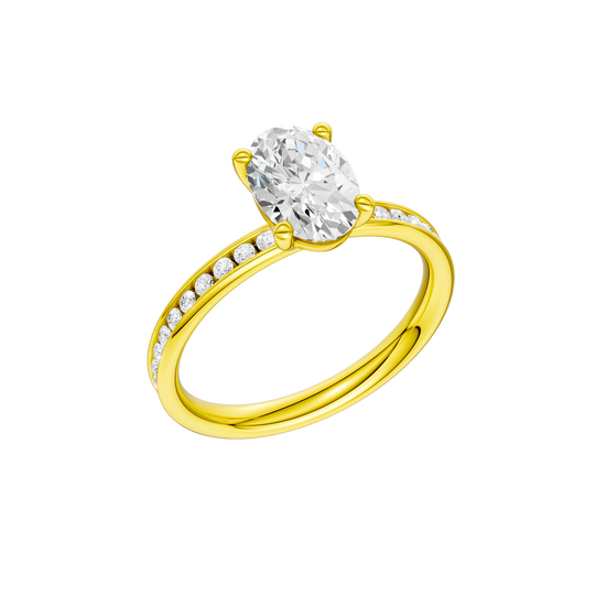 The three-quarter view of the Oval cut diamond engagement ring in 14k yellow gold with a diamond channel band and cathedral setting