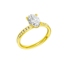 The three-quarter view of the Oval cut diamond engagement ring in 14k yellow gold with a diamond channel band and cathedral setting
