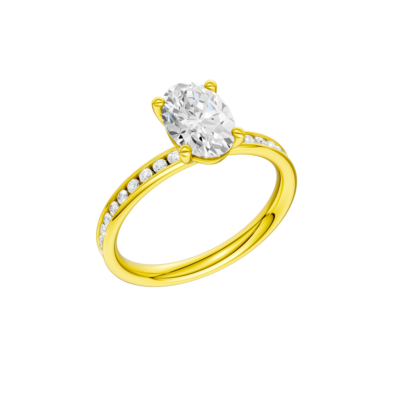 The three-quarter view of the Oval cut diamond engagement ring in 14k yellow gold with a diamond channel band and cathedral setting